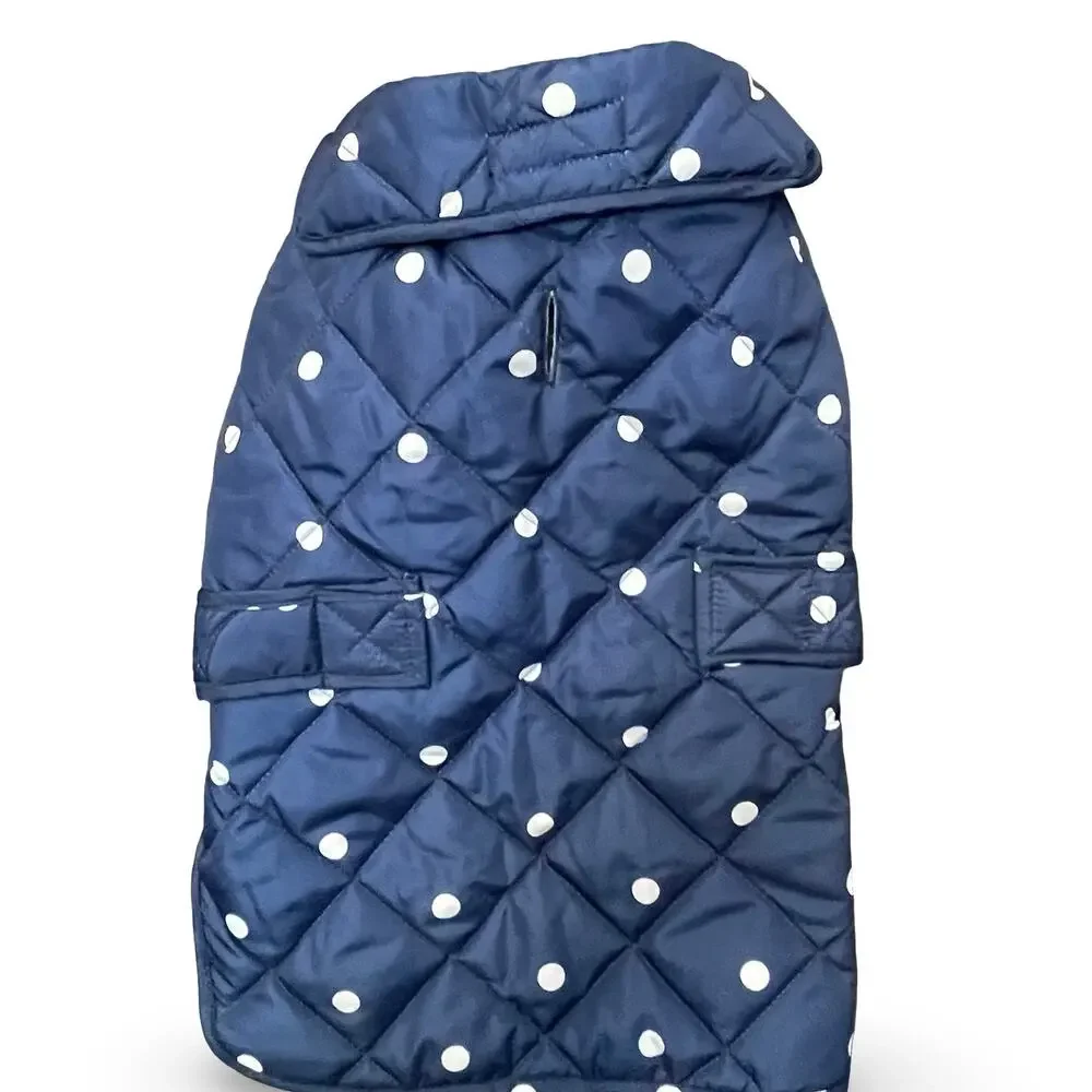 St. John's Bark Dog Jacket Blue White Polka Dot Quilted Winter Coat Size Medium